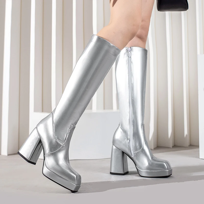 여성용 플랫폼 무릎 높이 부츠, 레드 특허 가죽 블록  - Knee High Boots Women 리뷰 및 가격